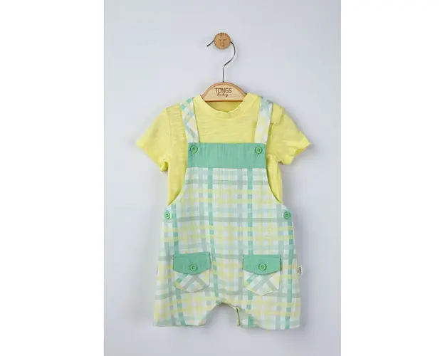 Set salopeta cu tricou in carouri pentru bebelusi, Tongs baby (Culoare: Galben, Marime: 6-9 luni)