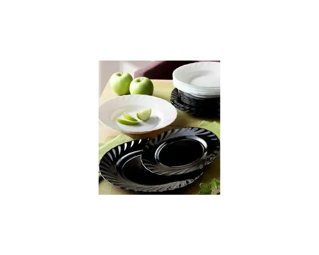 Set serviciu de masa negru-alb, pentru 6 persoane, Luminarc Trianon, 19 piese, 18 farfurii si bol salata
