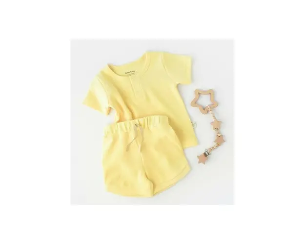 Set tricou cu pantaloni scurti - 100% bumbac organic - Galben, BabyCosy (Marime: 9-12 luni)