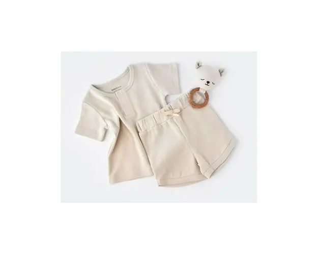 Set tricou cu pantaloni scurti - 100% bumbac organic - Stone, BabyCosy (Marime: 3-6 Luni)