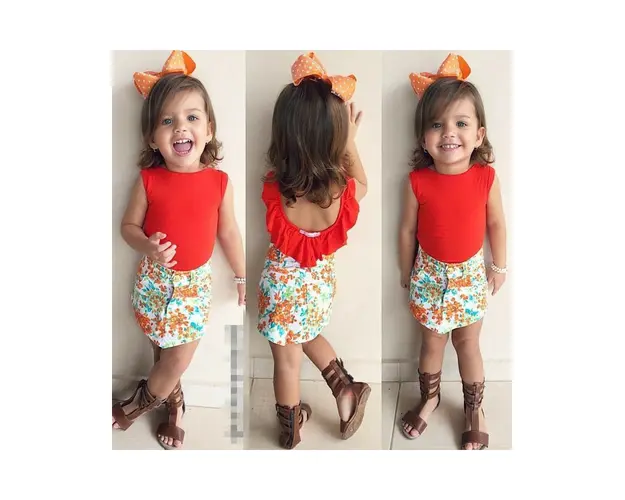 Set tricou rosu cu volanas si fusta cu floricele Drool (Marime: 130)