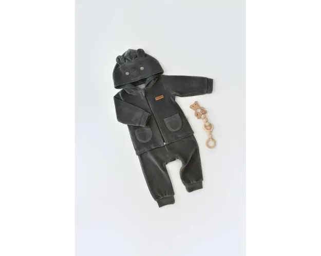 Set Ursulet cu bluzita cu fermoar si gluga si pantaloni lungi din 80%bumbac organic si 20% poliester - Antracit, BabyCosy (Marime: 9-12 luni)