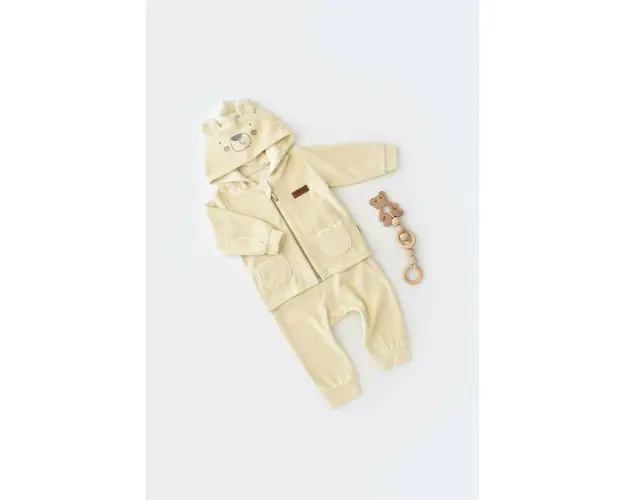 Set Ursulet cu bluzita cu fermoar si gluga si pantaloni lungi din 80%bumbac organic si 20% poliester - Crem, BabyCosy (Marime: 18-24 Luni)