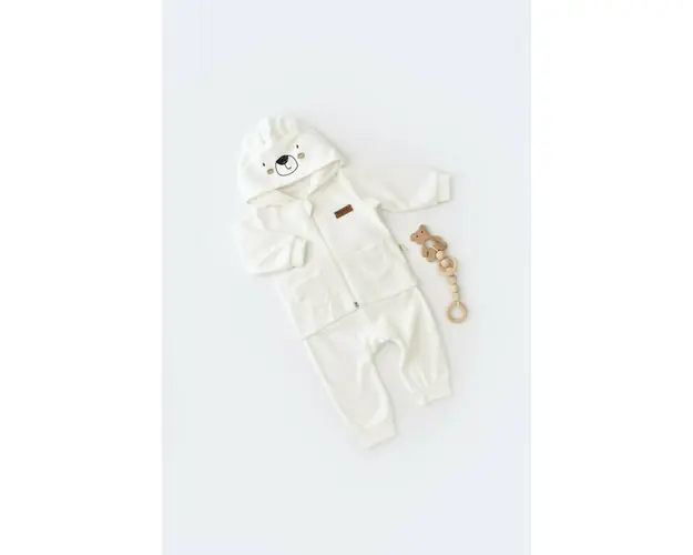 Set Ursulet cu bluzita cu fermoar si gluga si pantaloni lungi din 80%bumbac organic si 20% poliester - Ecru, BabyCosy (Marime: 9-12 luni)