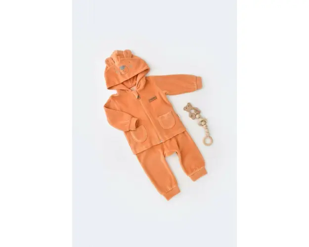 Set Ursulet cu bluzita cu fermoar si gluga si pantaloni lungi din 80%bumbac organic si 20% poliester - Portocaliu, BabyCosy (Marime: 12-18 Luni)