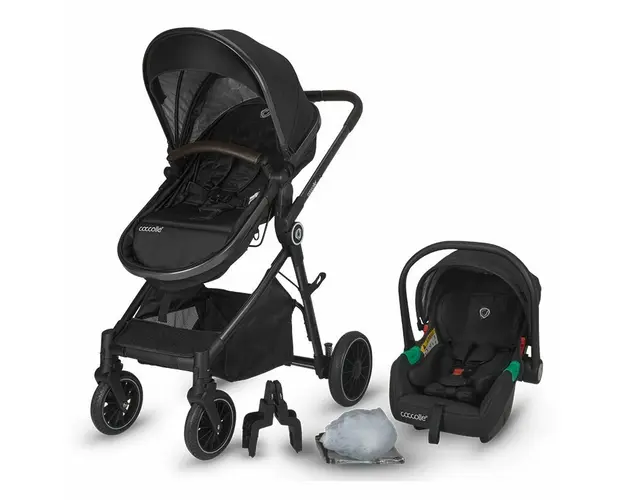 Carucior 3 in 1, Coccolle, Ago, Pana la 22 kg, Pliabil, De la nastere, Cu accesorii, Modular, Transformabil, Copertina XXL, Diamond black