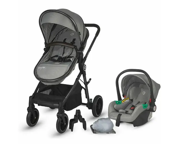 Carucior 3 in 1, Coccolle, Ago, Pana la 22 kg, Pliabil, De la nastere, Cu accesorii, Modular, Transformabil, Copertina XXL, Neutral grey