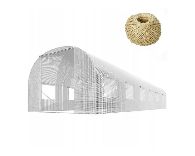 Solar de gradina, tip tunel, 18mp, 600 cm x 300 cm x 200 cm, folie PE 140g/m² cu filtru UV4, 12 ferestre, snur 100 m, Plonos, Alba