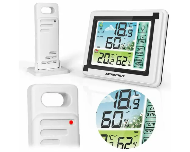 Statie meteo cu higrometru, senzor temperatura exterior, afisaj LCD color, Berdsen, BD-900 Alb