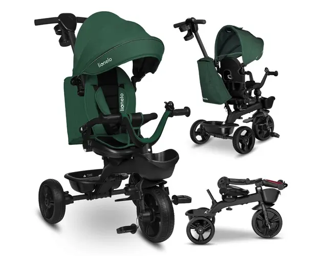 Tricicleta copii, Lionelo, Kori, Ultrapliabila, Multifunctionala, Cu suport de picioare, Control al directiei, Scaun reversibil, Rotire 360 grade, Conform cu standardul european de securitate EN71, Verde