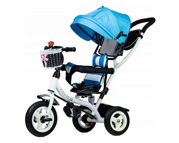 Tricicleta copii, cu sezut rotativ, cosulet de depozitare, mini geanta, Ecotoys, albastra