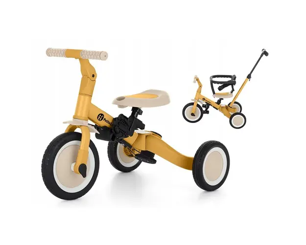 Tricicleta, Petite&Mars, Turbo, 5 in 1, Multifunctionala, Vehicul de impins, Bicicleta cu/fara pedale, Cu maner de ghidaj, Detasabil, Roti din cauciuc, Pana la 25 kg, 1.5-5 ani, Ocru