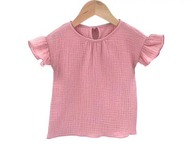 Tricou cu volanase la maneci pentru copii, din muselina, Blushing Pink , 2-3 ani