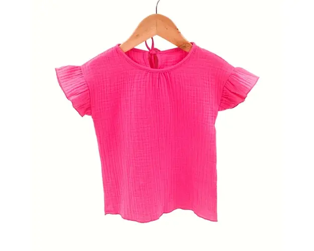 Tricou cu volanase la maneci pentru copii, din muselina, Pink Pop, 18-24 luni