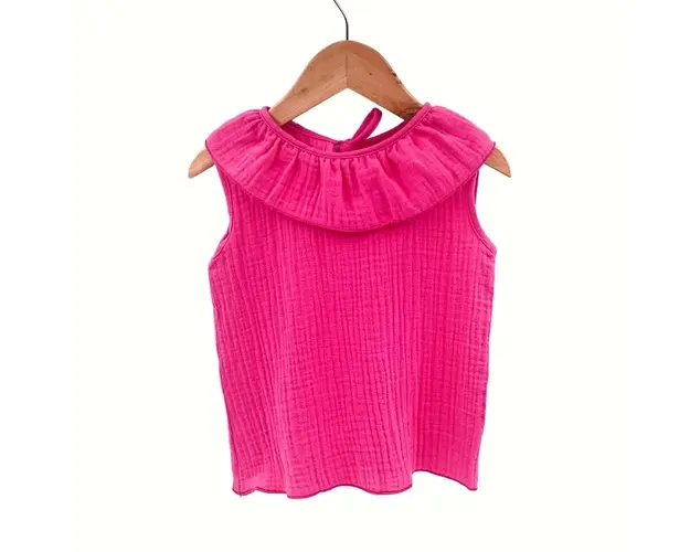 Tricou cu volanase pentru copii, din muselina, Pink Pop, 12-18 luni