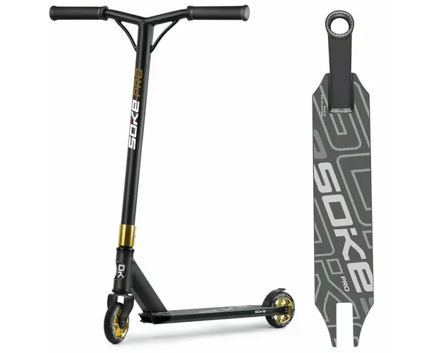 Trotineta cu 2 roti, Soke, Pro, 85 x 50 cm, Aluminiu, compresie HIC, rulmenti ABEC-9, punte sudata, Greutate maxima utilizator 100 Kg, Negru/Gold