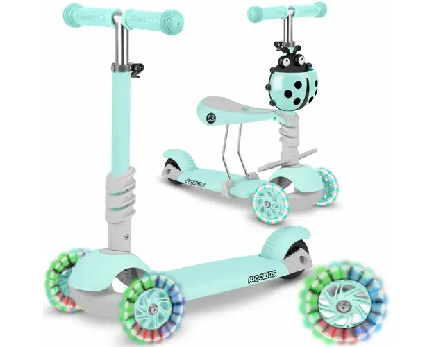 Trotineta de echilibru, cu scaun reglabil, detasabil, pentru copii, Ricokids, Buggy, cu 3 roti, lumini LED, ghidon reglabil, pana la 30 kg, Albastru Deschis
