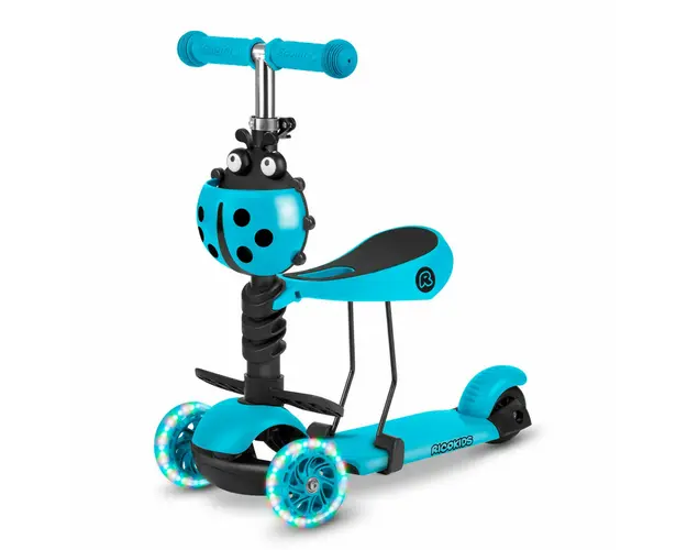 Trotineta de echilibru, cu scaun reglabil, detasabil, pentru copii, Ricokids, Buggy, cu 3 roti, lumini LED, ghidon reglabil, pana la 30 kg, Turcoaz