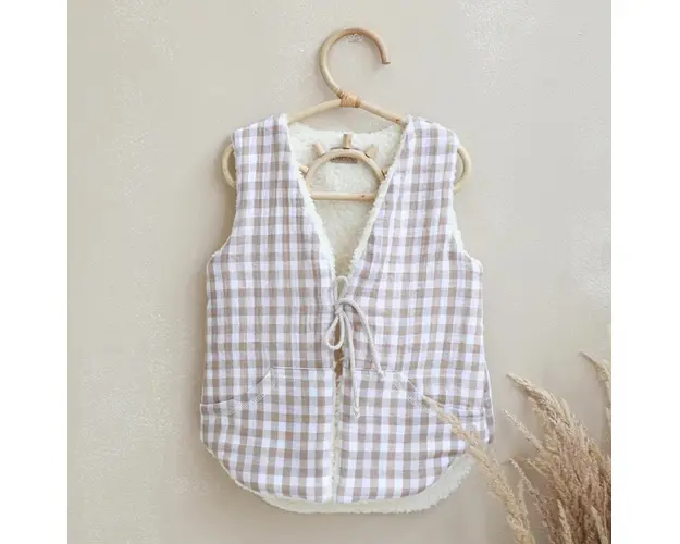 Vesta pentru copii, reversibila, dublat, muselina carouri Bej si tesatura bucle Crem, Teddy by BabyLy, 104 110, 3-5 ani