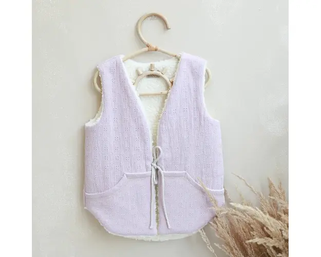 Vesta pentru fetita, reversibila, dublat, bumbac brodat Roz si tesatura bucle Crem, Teddy by BabyLy, 104 110, 3-5 ani