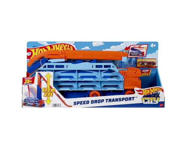 Set de joaca Hot Wheels, Camion transportator cu pista de lansare