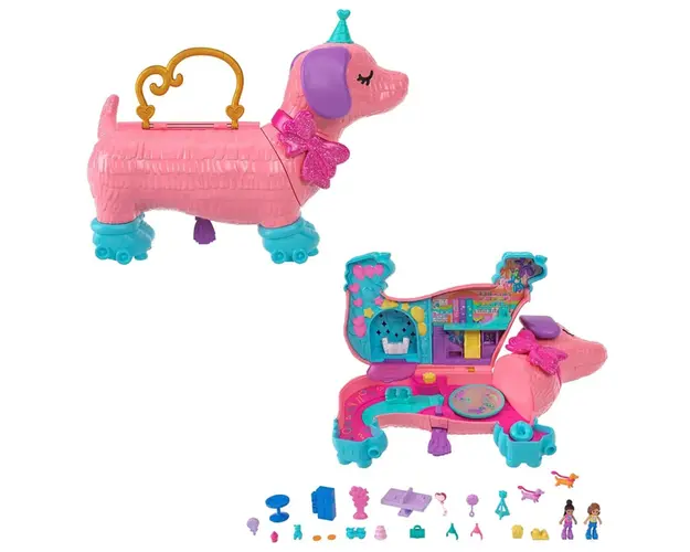 Set de joaca cu 2 papusi si 26 accesorii, Polly Pocket, Pinata Pappy Party, HKV52