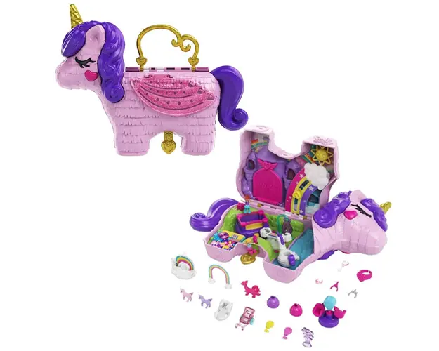 Set de joaca cu 2 papusi si 20 accesorii, Polly Pocket, Pinata Party Unicorn