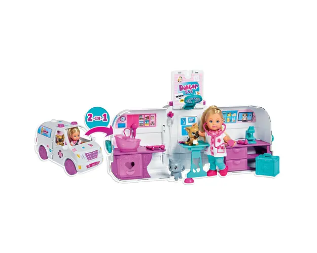 Set 2 in 1 papusa Evi Love, Cabinet veterinar mobil