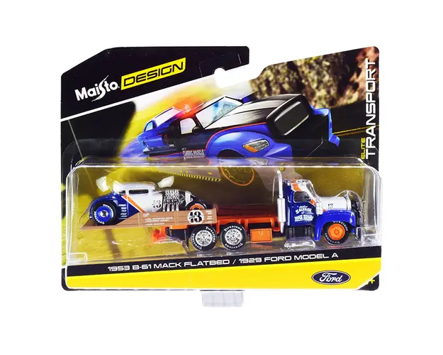 Transportor si masinuta Maisto Design, Elite Transport, 1953 B-61 Mack Flatbed si 1929 Ford Model A, 1:64
