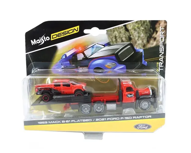 Transportor si masinuta Maisto Design, Elite Transport, 1953 B-61 Mack Flatbed si 2021 Ford Raptor, 1:64