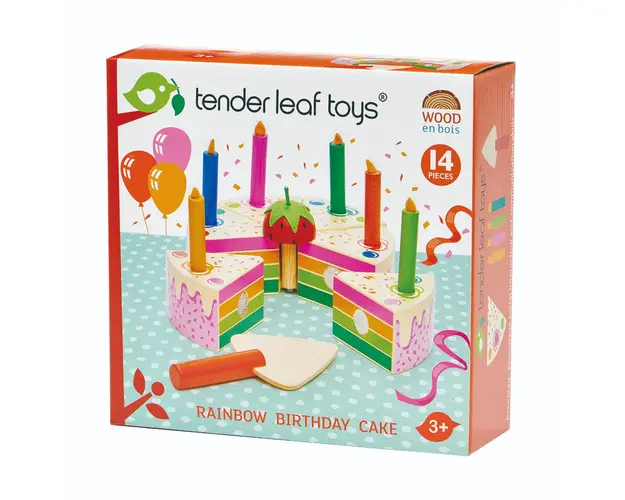 Tort din lemn pentru aniversari, Tender Leaf Toys, Curcubeu, 14 piese