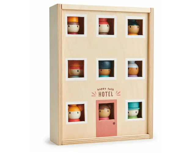 Oamenii din hotelul fericit, Tender Leaf Toys, figurine din lemn premium, 9 piese