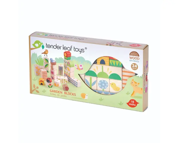 Cuburi stivuibile din lemn, Tender Leaf Toys, cu ilustratii din gradina, 24 piese