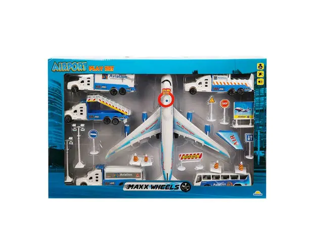 Set de joaca aeroport si avion albastru cu lumini si sunete, Maxx Wheels