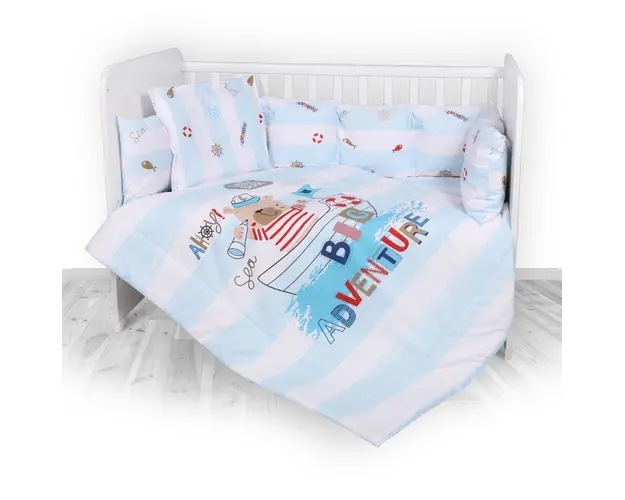 Set lenjerie de pat Lorelli, cu 7 piese din bumbac ranforce, Lily, Adventure Blue