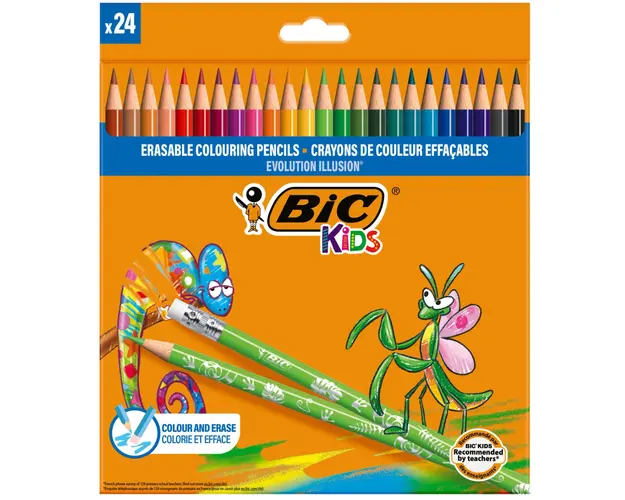 Creioane colorate cu guma de sters Evolution Illusion Bic, 24 culori