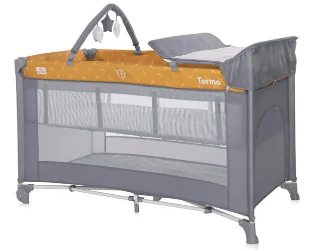 Patut pliabil Lorelli Torino Plus, 2 nivele, cu accesorii, Lemon Curry Floral