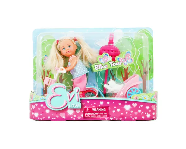 Papusa Evi Love pe bicicleta si pisica, 12 cm