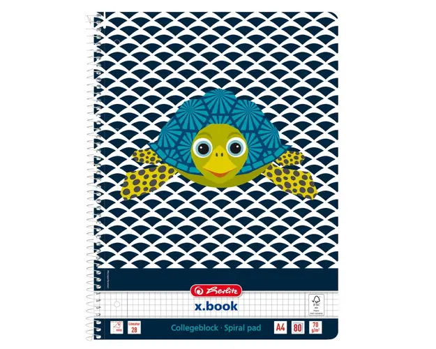 Caiet matematica cu spirala, A4, Herlitz, Cute Animals, Testoasa, 80 file 