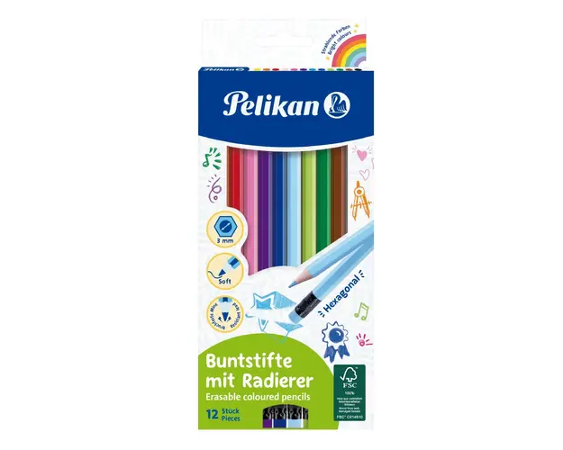 Set 12 creioane colorate hexagonale cu radiera, Pelikan