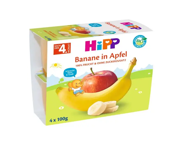 Gustare cu fructe-banane si mere Hipp, 4 x 100 g