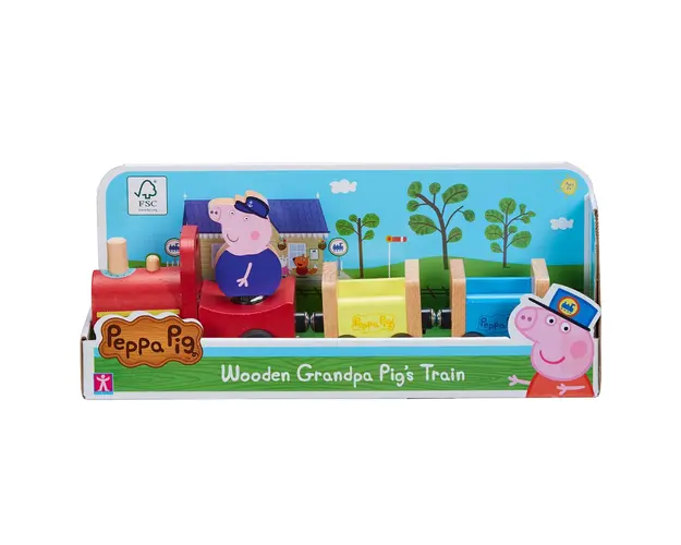 Set figurina cu tren din lemn cu locomotiva si 2 vagoane, Peppa Pig