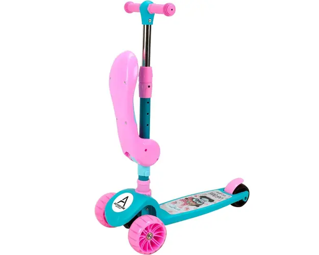 Trotineta popsicle cu scaunel Action One, Cu roti luminoase si muzica, Pinky