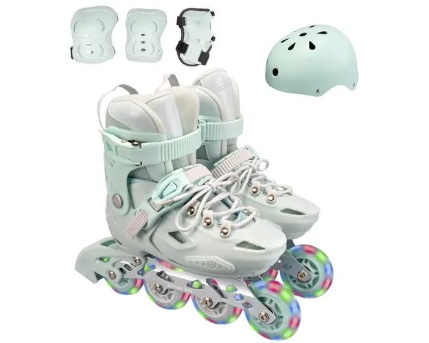 Set de role, Action One Pastel, Marimea M (32-35), cu casca, protectii si geanta transport, roti luminoase, Verde