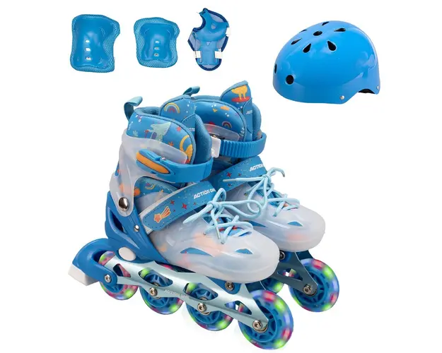 Set de role, Action One Dinosaur, Marimea M (33-37) cu casca, protectii si geanta transport, roti luminoase, Blue