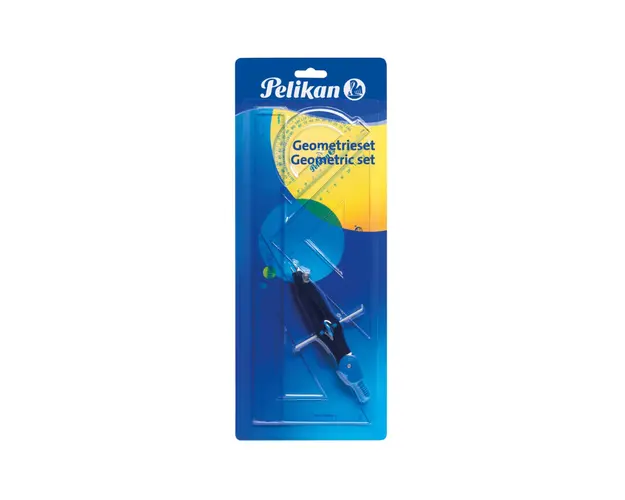 Set geometrie 5 piese Pelikan, Compas, Rigla, Raportor, 2 Echere