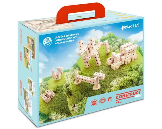 Set Gama Construct Mini, Walachia, Pentru construit masini, animale si alte modele, 44 piese din lemn