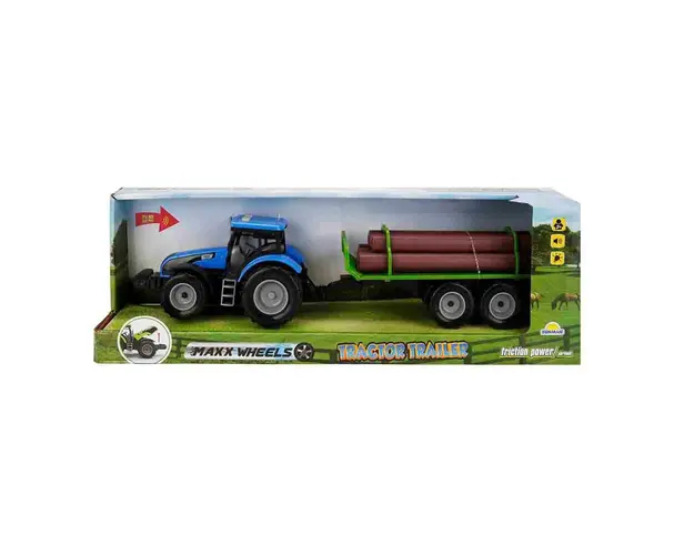 Tractor albastru cu remorca cu lemne, cu lumini si sunete, Maxx Wheels, 44 cm