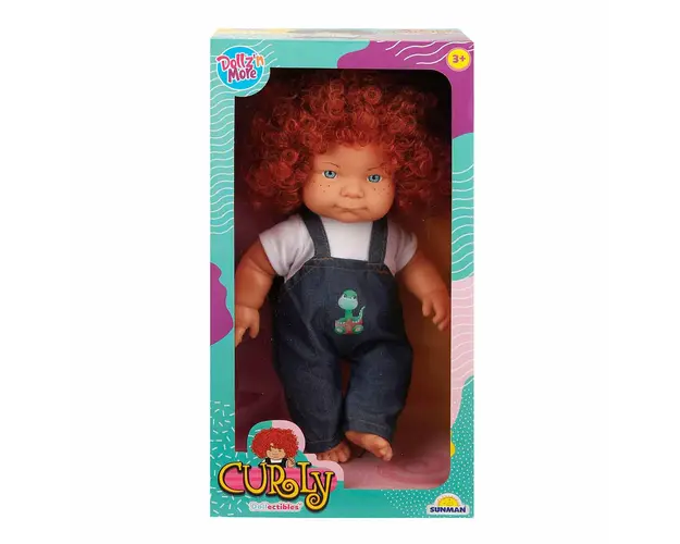 Papusa Curly, Dollz n More, Imbracata in salopeta cu dinozaur verde, 35 cm