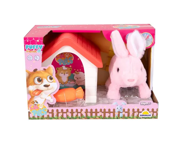 Jucarie de plus interactiva, Puffy Friends, Iepuras cu casuta, Roz
